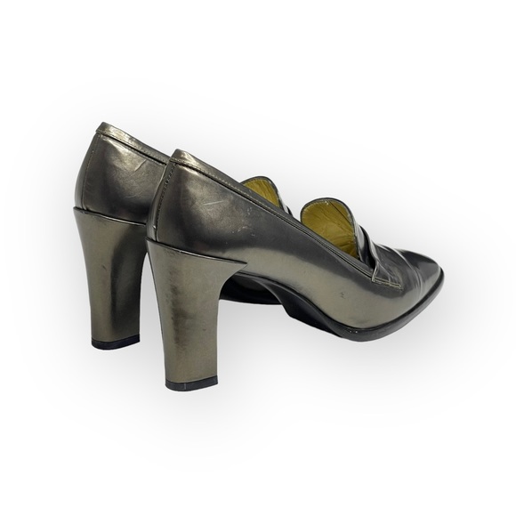 Vintage: Pancaldi ❁ Italian Leather Heeled Loafers ❁ Metallic Gunmetal ❁ 6M ❁ - Picture 4 of 16